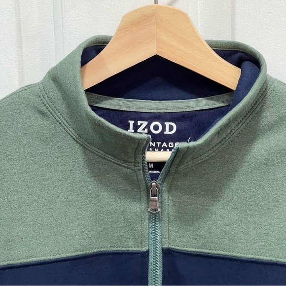 IZOD Quarter Zip Sweatshirt Green Blue Advantage Performance Stretch Size Medium - Picture 4 of 7